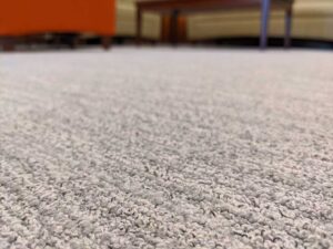 A person vacuuming a carpet in a bright living room with visible hardwood flooring nearby.