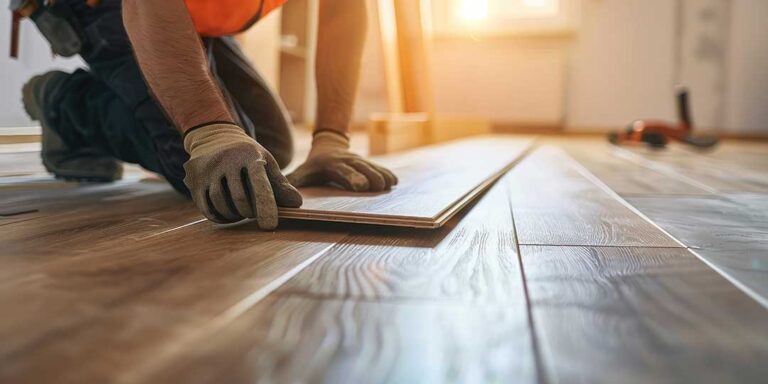 Homeowner installing light-colored vinyl plank flooring in a sunlit living room.